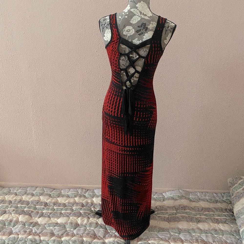 Ankle length tight fitting sexy dress with lattice lace back detail